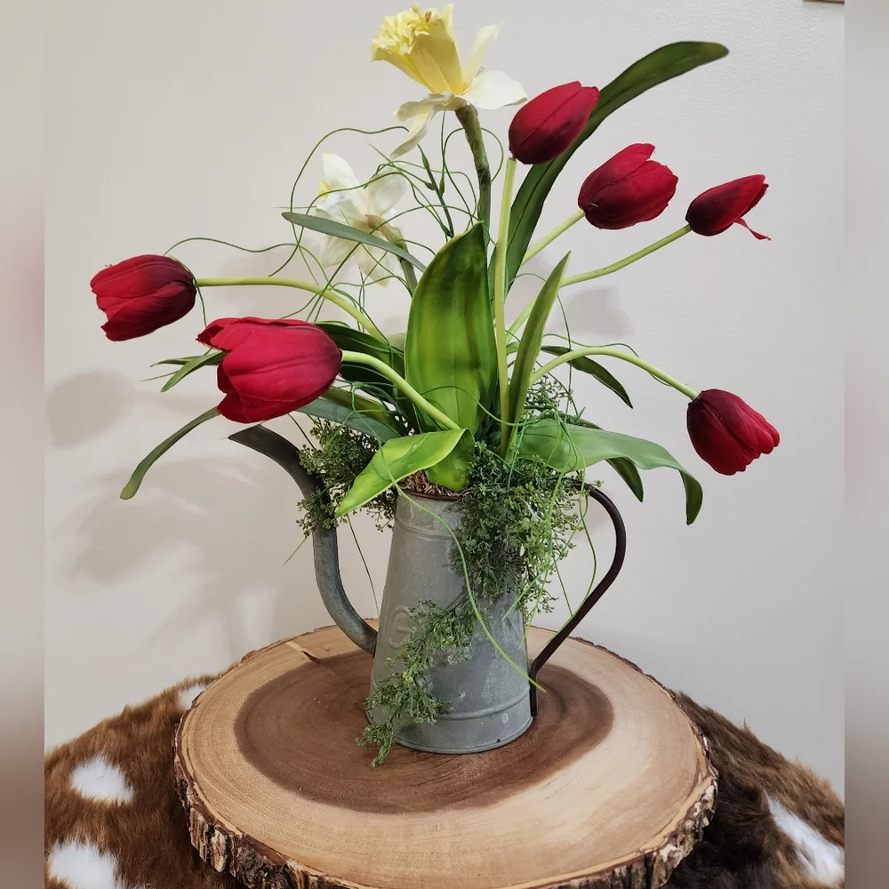 Rustic Farmhouse Galvanized Watering Can Tulip Floral Arrangement